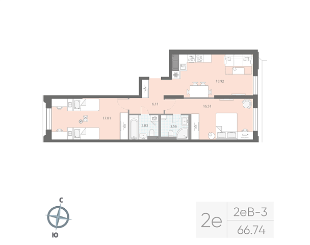 1 комн. квартира, 66.9 м², 2 этаж 