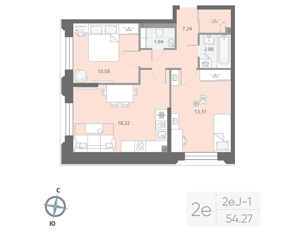 1 комн. квартира, 54.3 м², 2 этаж 