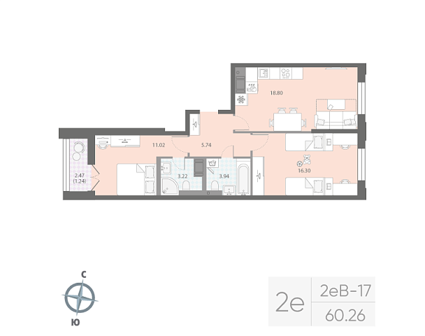 1 комн. квартира, 60.3 м², 6 этаж 