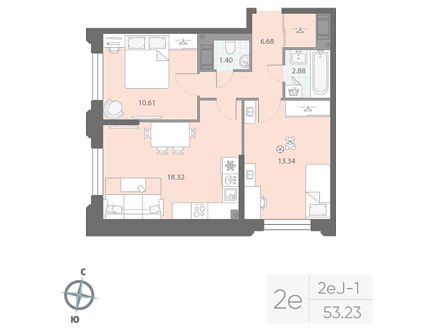 1 комн. квартира, 53.2 м², 3 этаж 