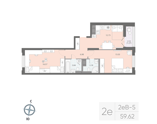 1 комн. квартира, 59.6 м², 8 этаж 