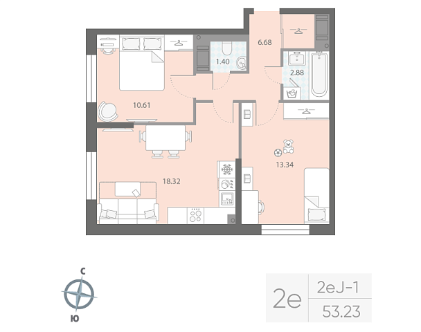 1 комн. квартира, 53.2 м², 5 этаж 
