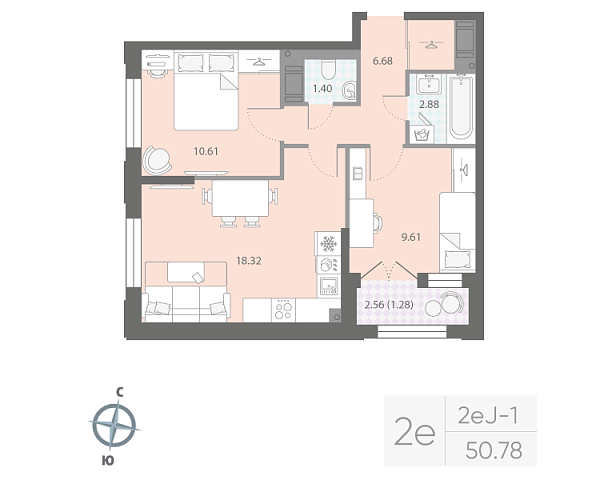 1 комн. квартира, 50.8 м², 7 этаж 