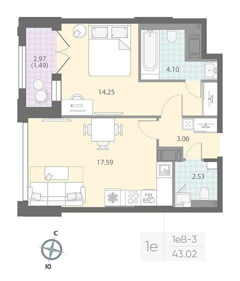студия, 43 м², 12 этаж 
