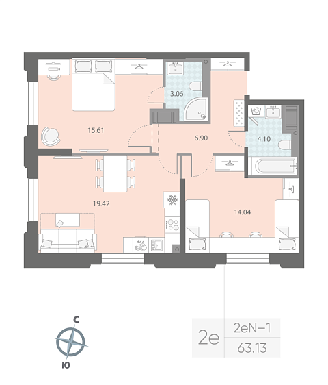1 комн. квартира, 63.1 м², 3 этаж 