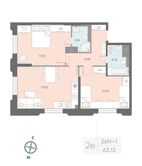 1 комн. квартира, 63.1 м², 4 этаж 
