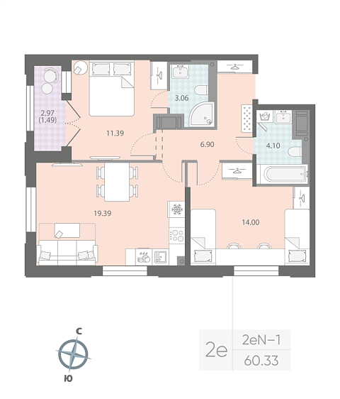 1 комн. квартира, 60.3 м², 6 этаж 