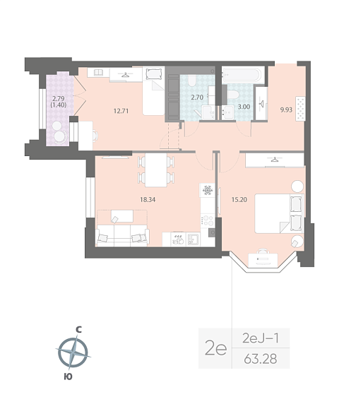 1 комн. квартира, 63.3 м², 6 этаж 