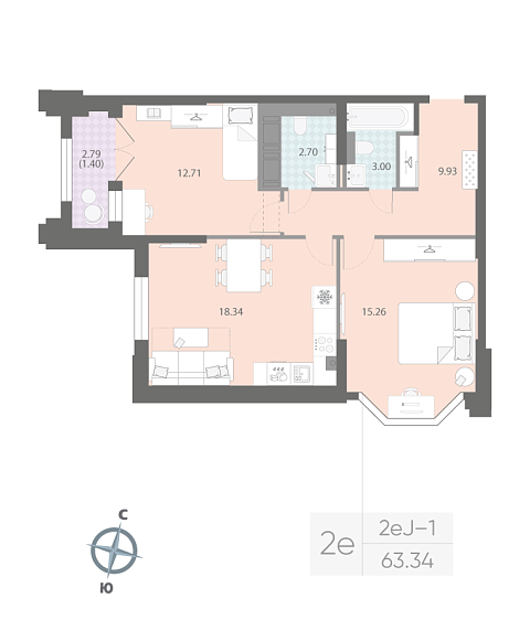 1 комн. квартира, 63.3 м², 12 этаж 