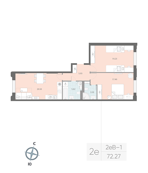 1 комн. квартира, 72.3 м², 2 этаж 