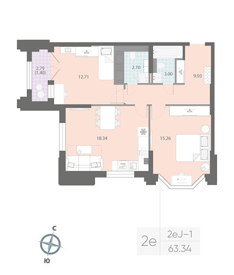 1 комн. квартира, 63.3 м², 15 этаж 
