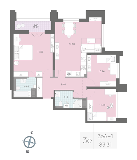 2 комн. квартира, 83.3 м², 22 этаж 