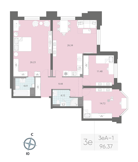 2 комн. квартира, 96.4 м², 4 этаж 