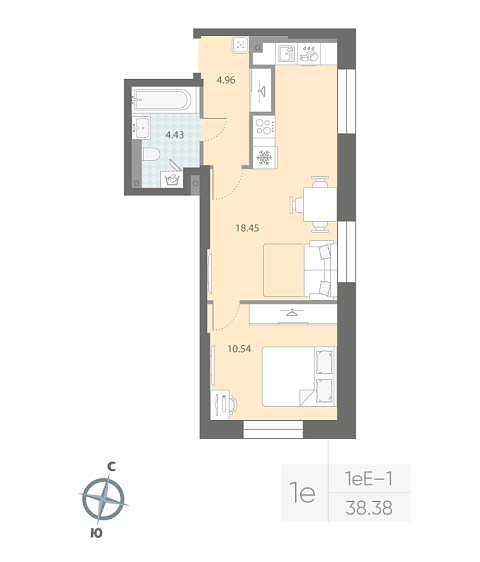 студия, 38.4 м², 2 этаж 