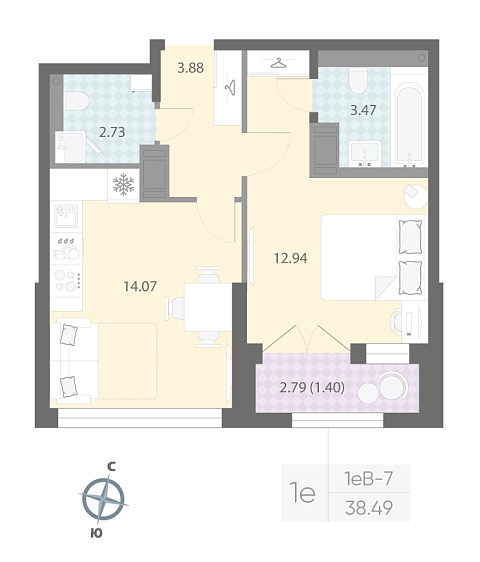студия, 38.5 м², 15 этаж 