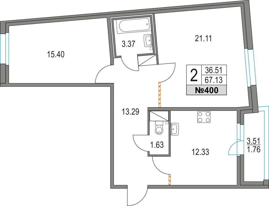 2 комн. квартира, 67.1 м², 6 этаж 