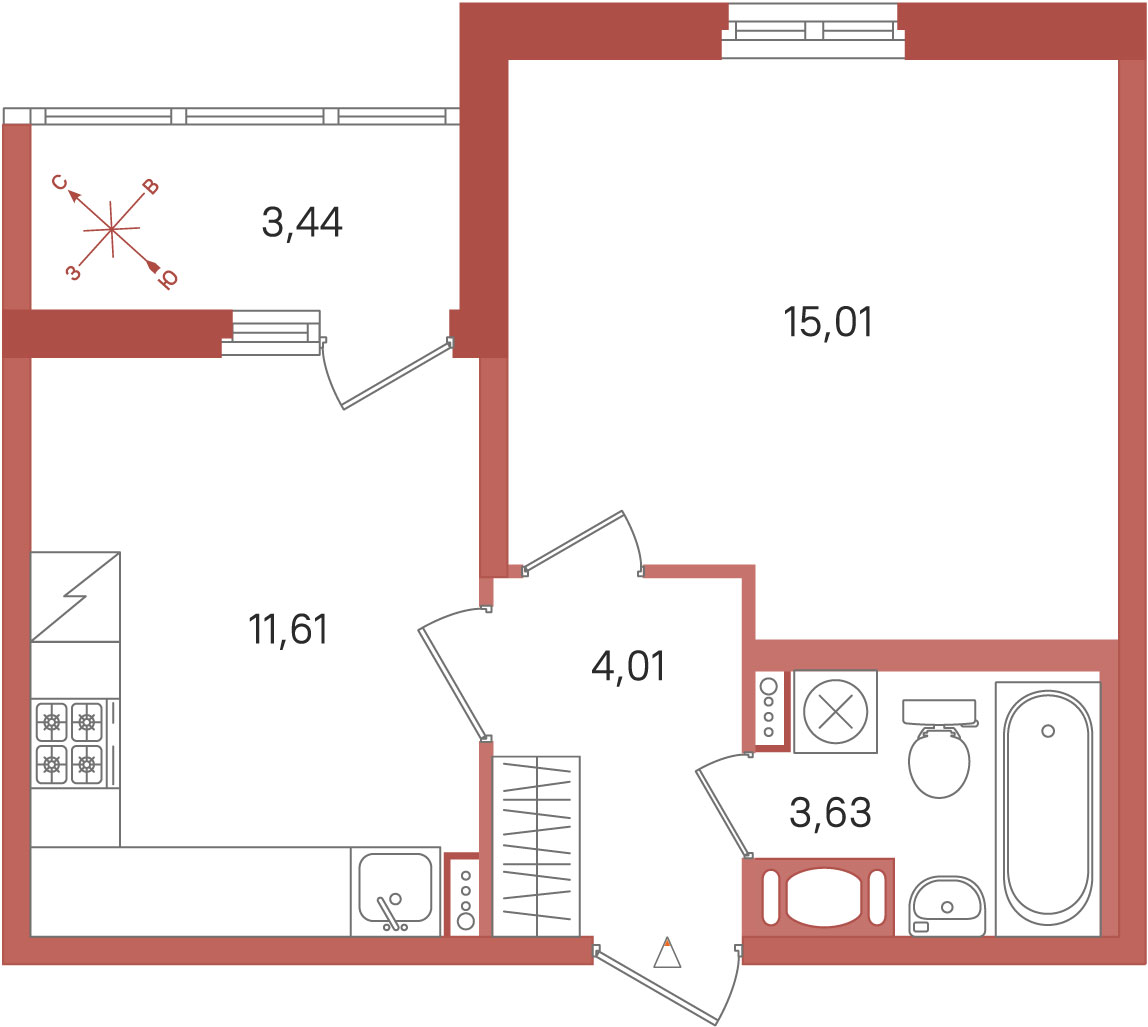 1 комн. квартира, 34.3 м², 3 этаж 