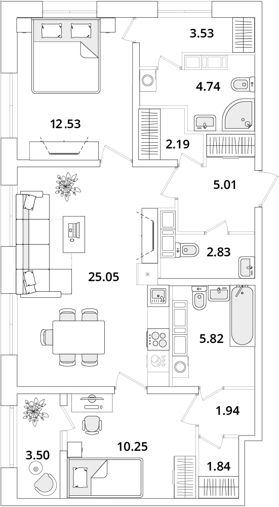 2 комн. квартира, 77.1 м², 21 этаж 