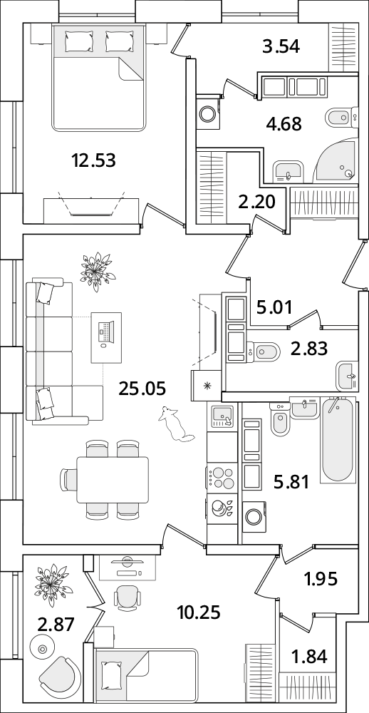 2 комн. квартира, 77.1 м², 22 этаж 