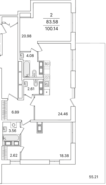 2 комн. квартира, 99.7 м², 16 этаж 