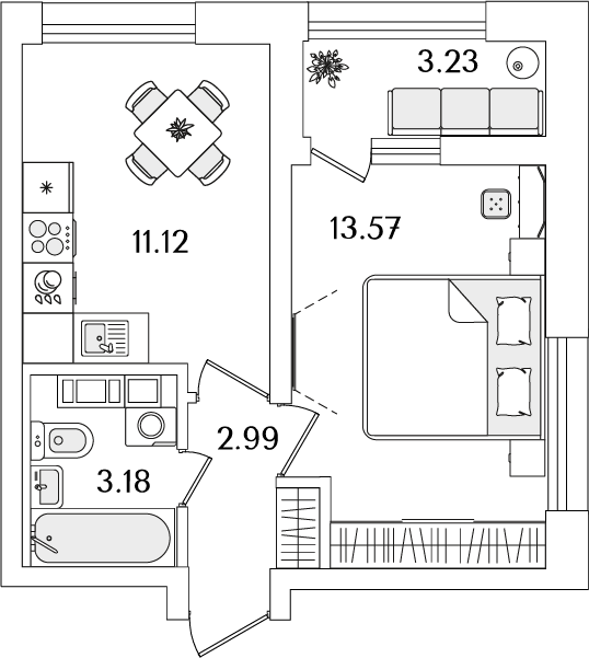 1 комн. квартира, 32.5 м², 16 этаж 