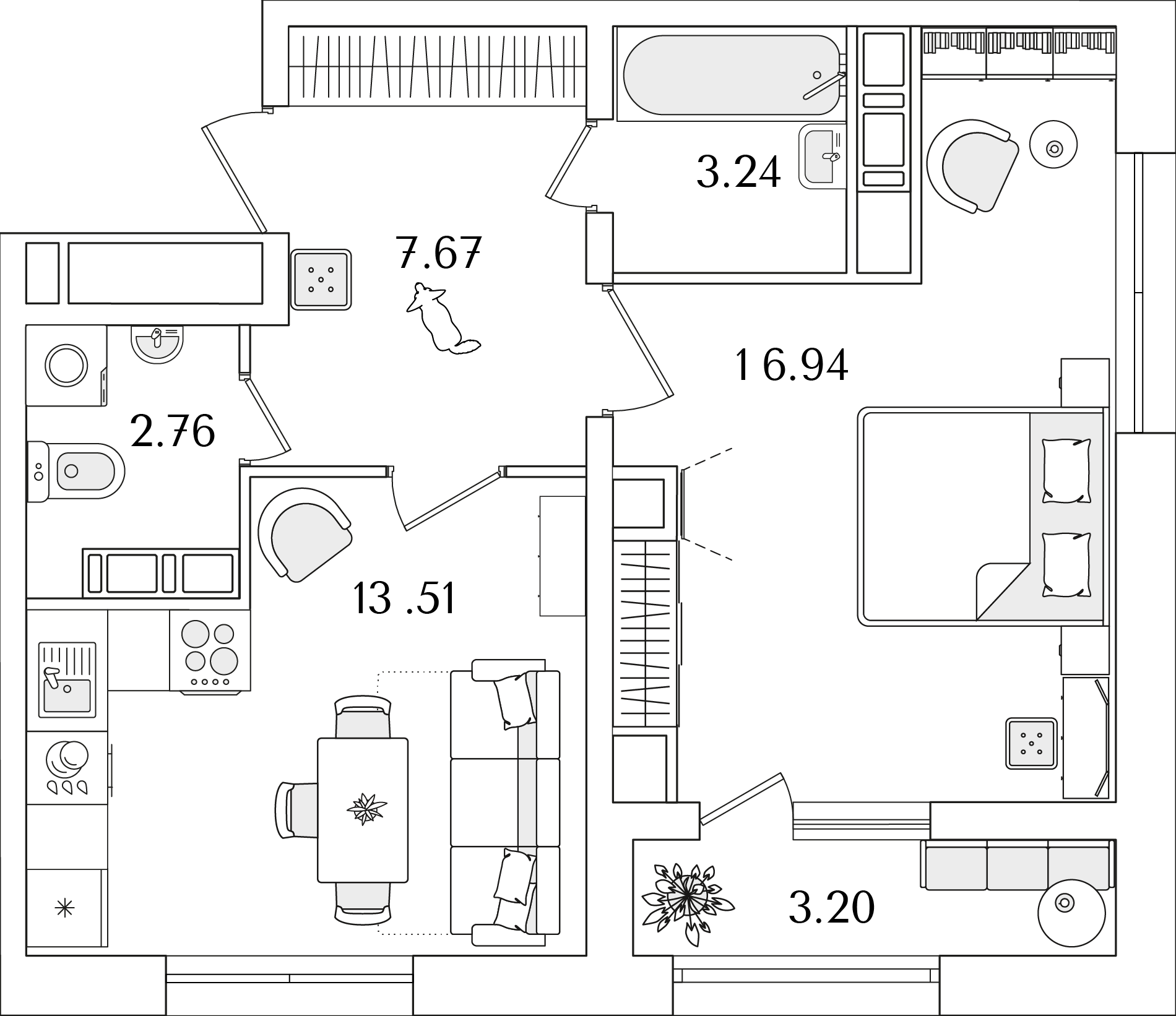 1 комн. квартира, 45.7 м², 21 этаж 