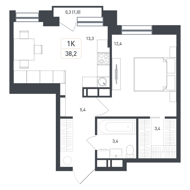 1 комн. квартира, 38.2 м², 5 этаж 