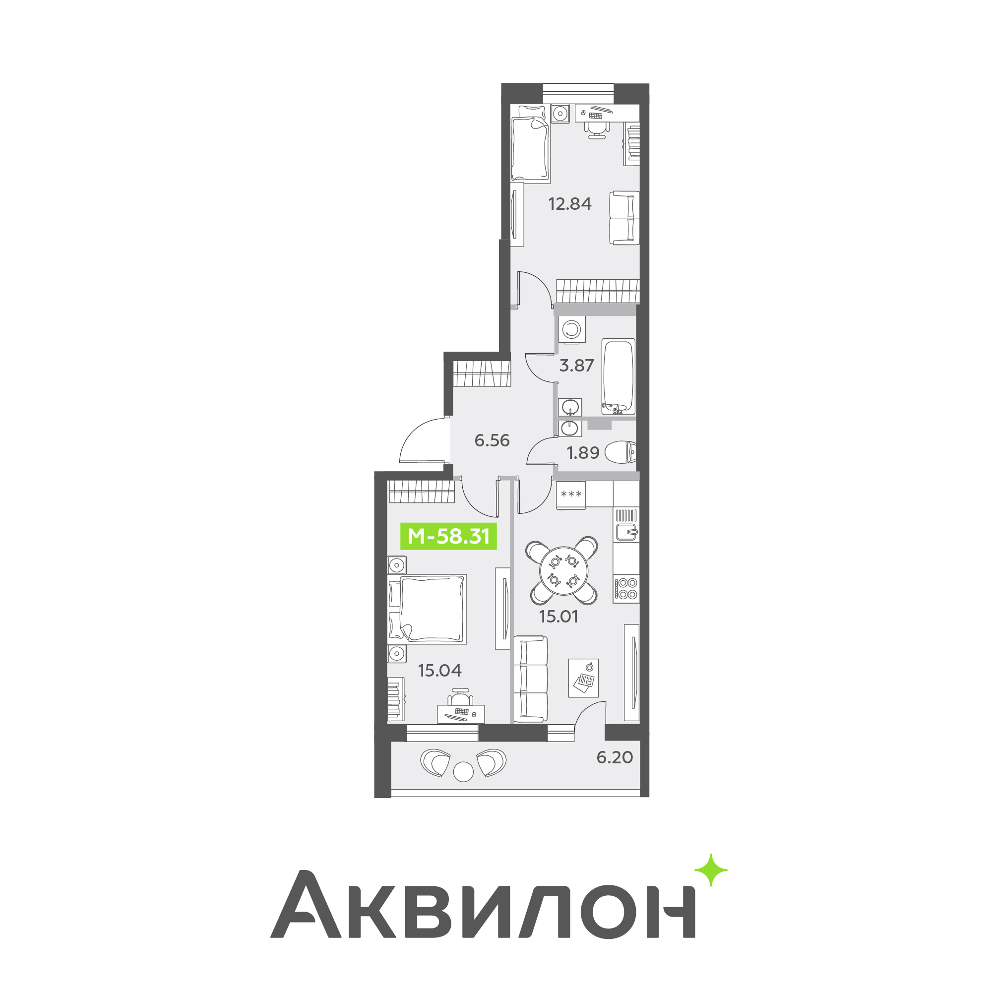 3 комн. квартира, 58.3 м², 2 этаж 