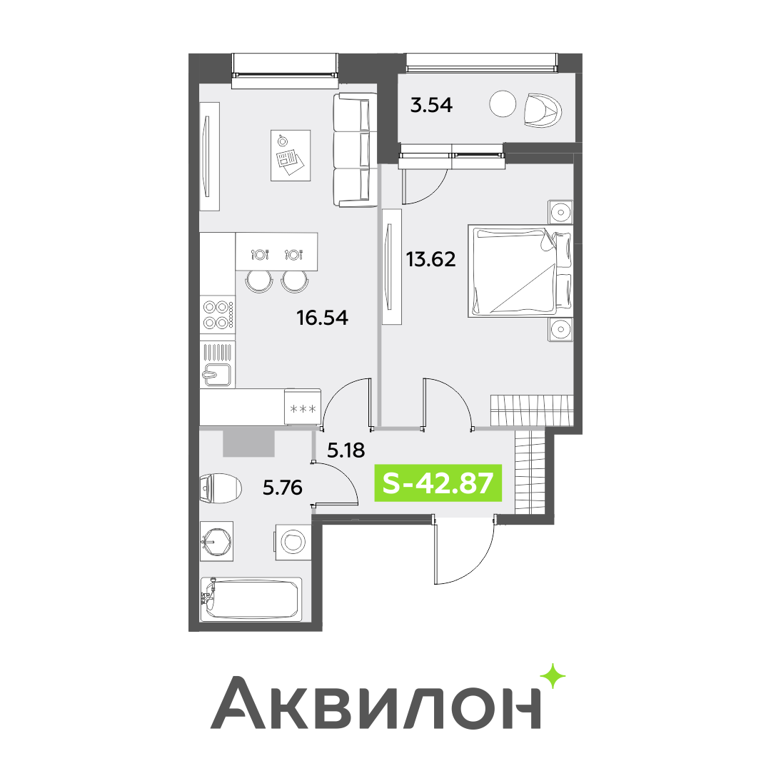 2 комн. квартира, 42.9 м², 5 этаж 