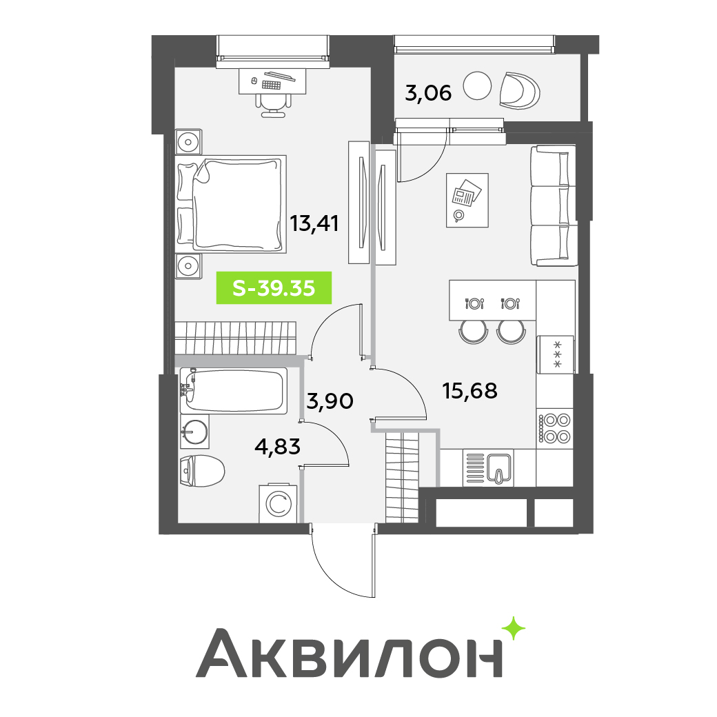 2 комн. квартира, 39.4 м², 1 этаж 