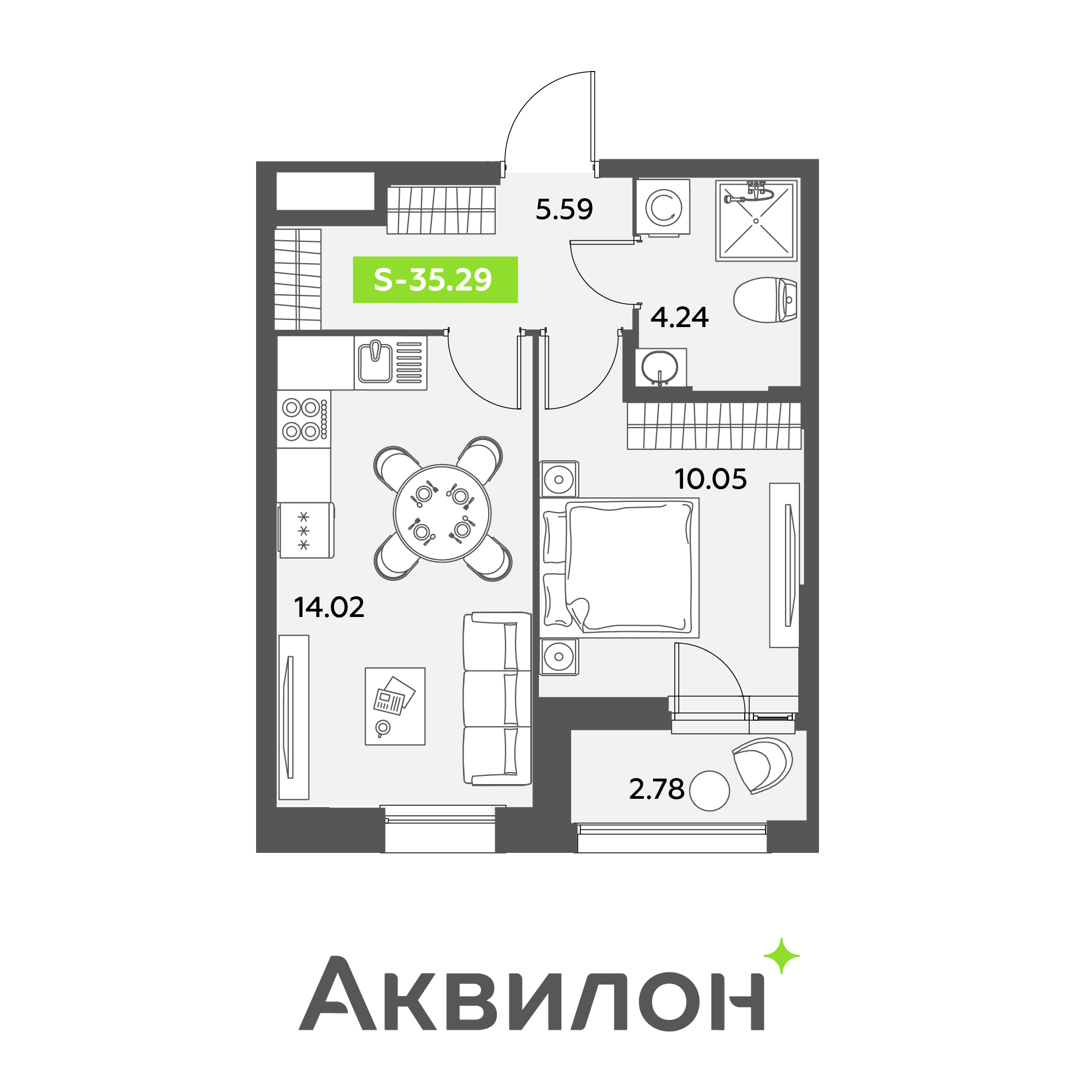 2 комн. квартира, 35.3 м², 1 этаж 