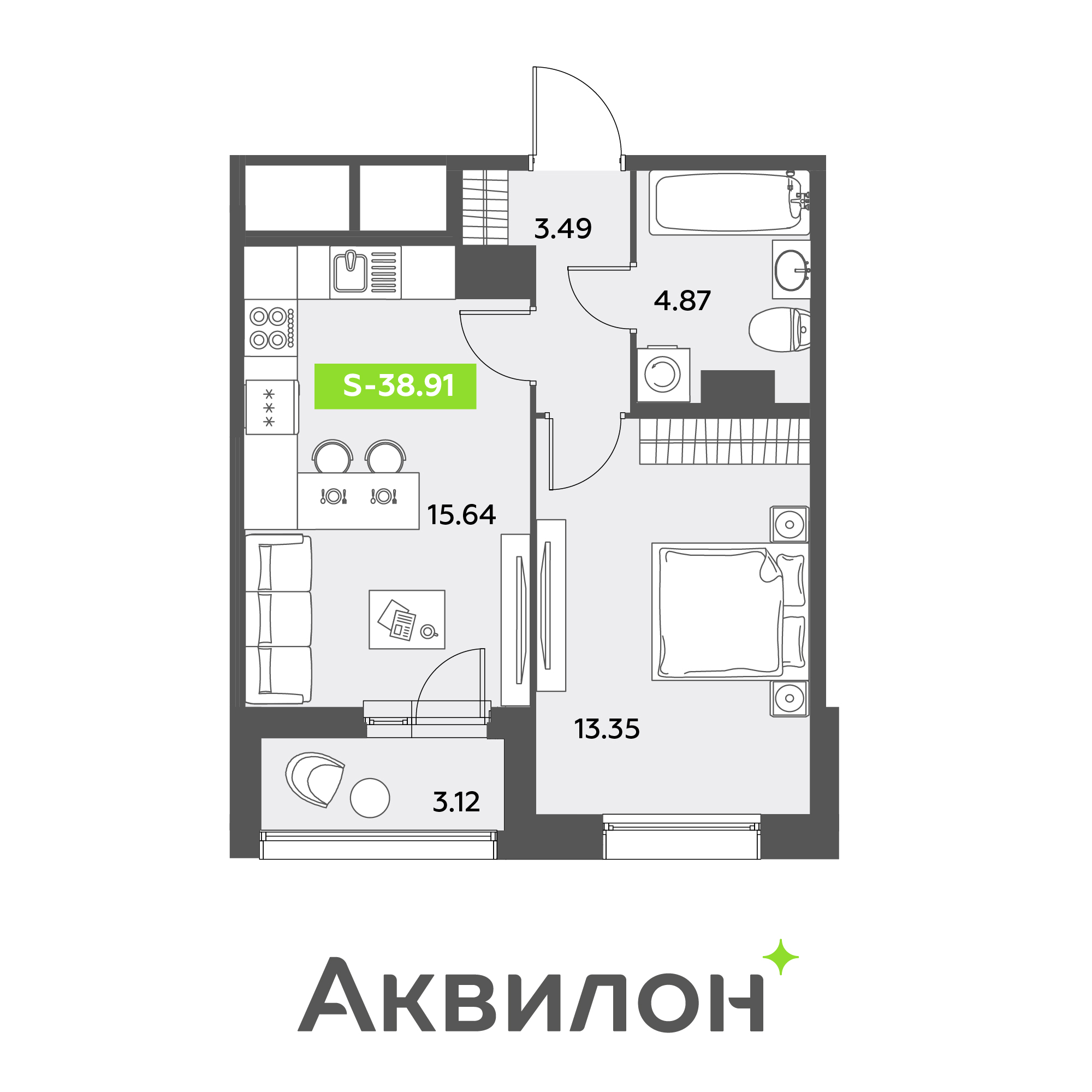 2 комн. квартира, 38.9 м², 8 этаж 
