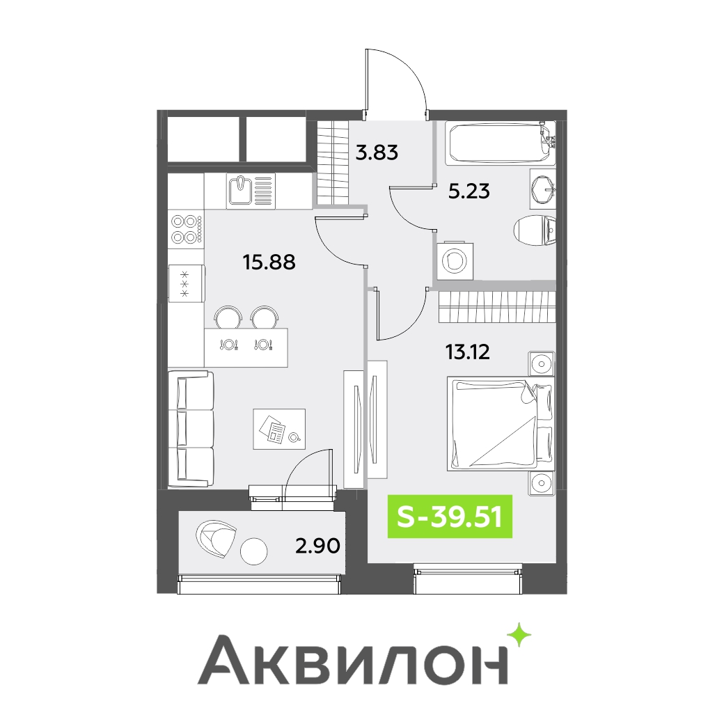 2 комн. квартира, 39.5 м², 1 этаж 