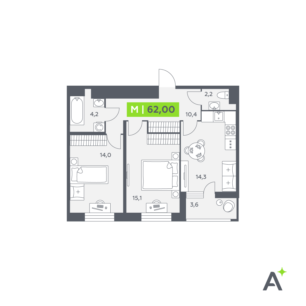 3 комн. квартира, 62 м², 7 этаж 