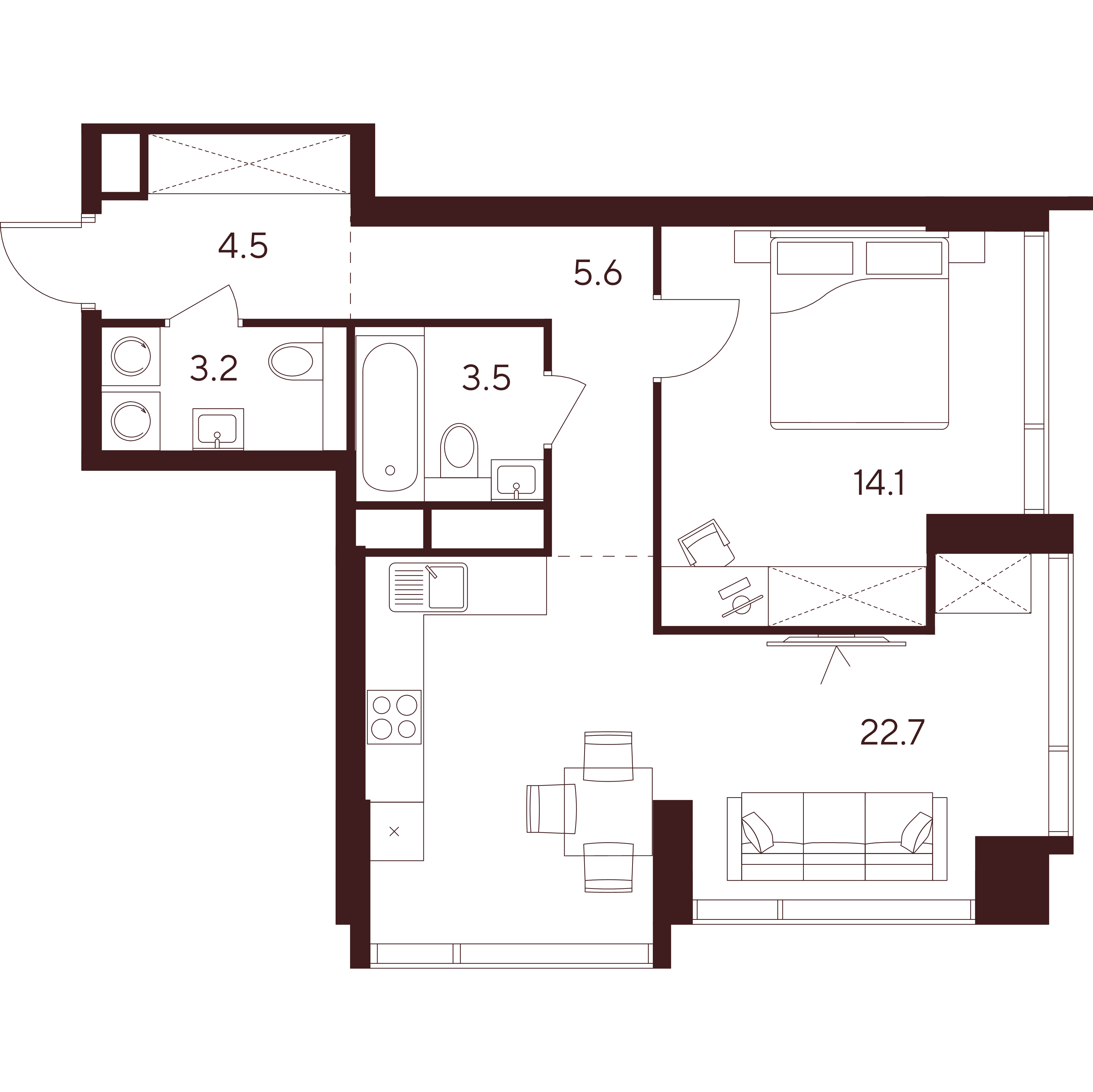 2 комн. квартира, 53.6 м², 27 этаж 