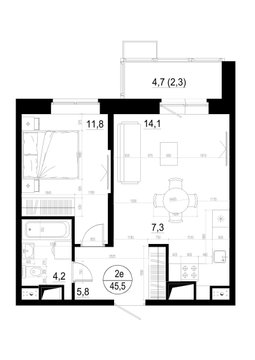1 комн. квартира, 45.6 м², 11 этаж 