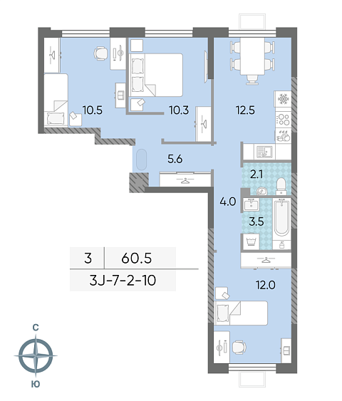 3 комн. квартира, 60.5 м², 7 этаж 