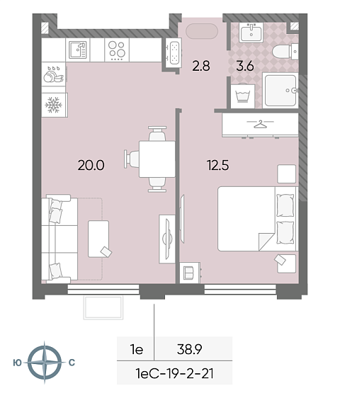 студия, 38.9 м², 5 этаж 