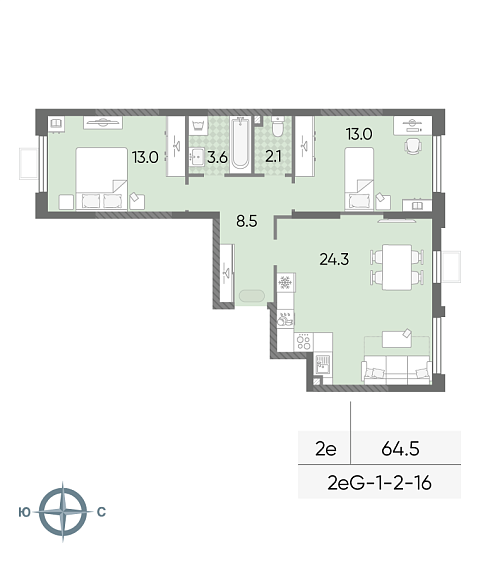 1 комн. квартира, 64.5 м², 3 этаж 