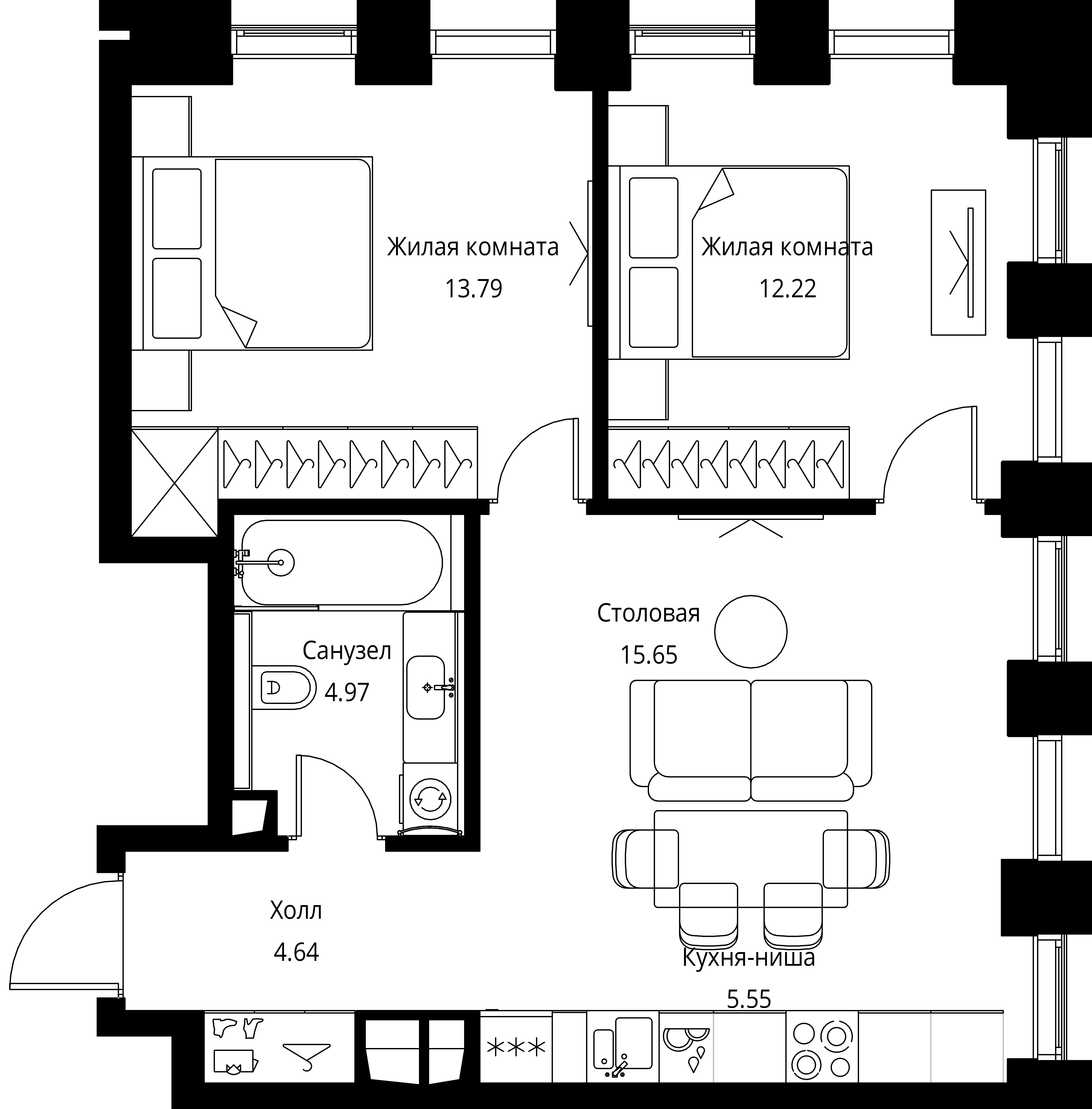 2 комн. квартира, 56.8 м², 3 этаж 