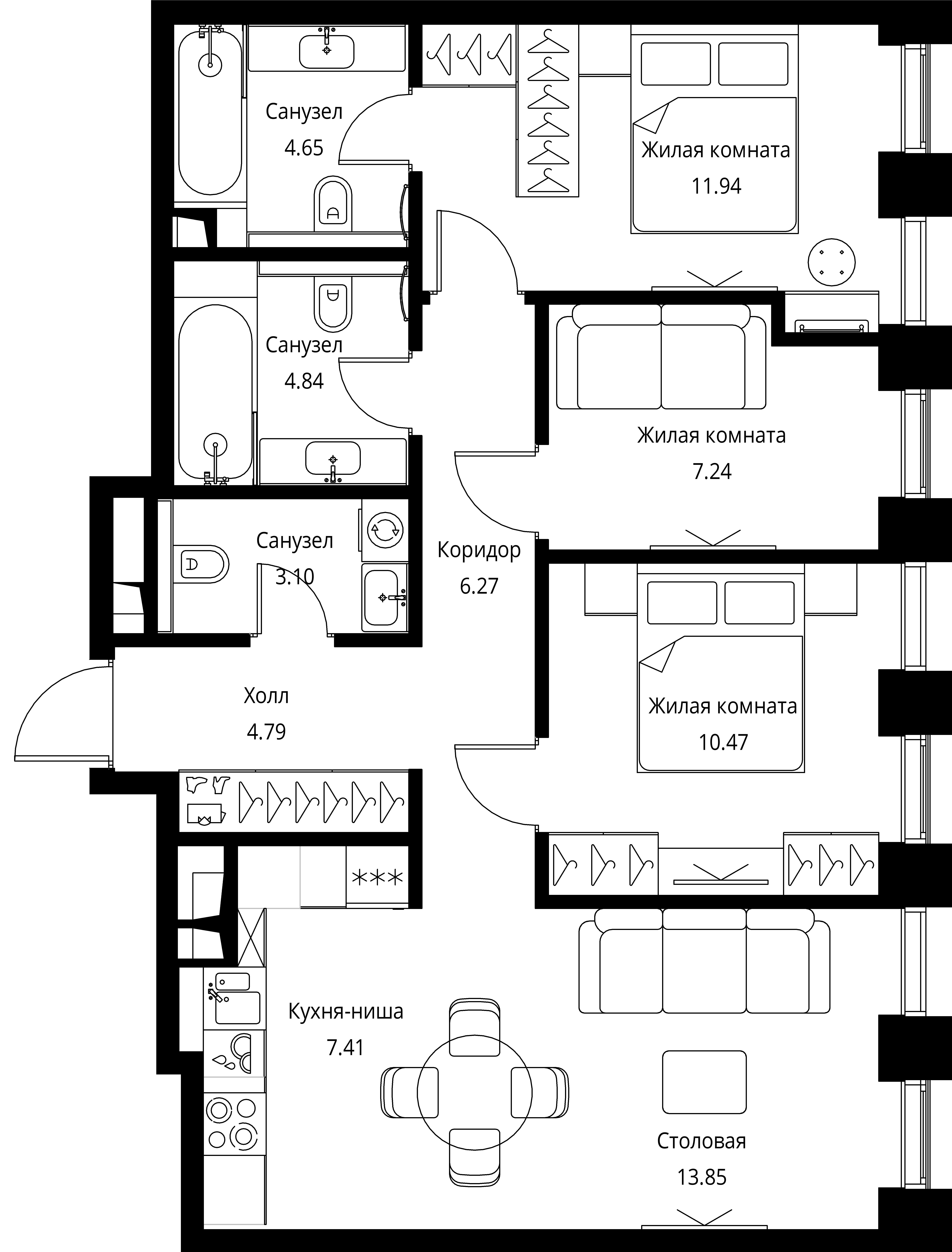 3 комн. квартира, 74.6 м², 20 этаж 