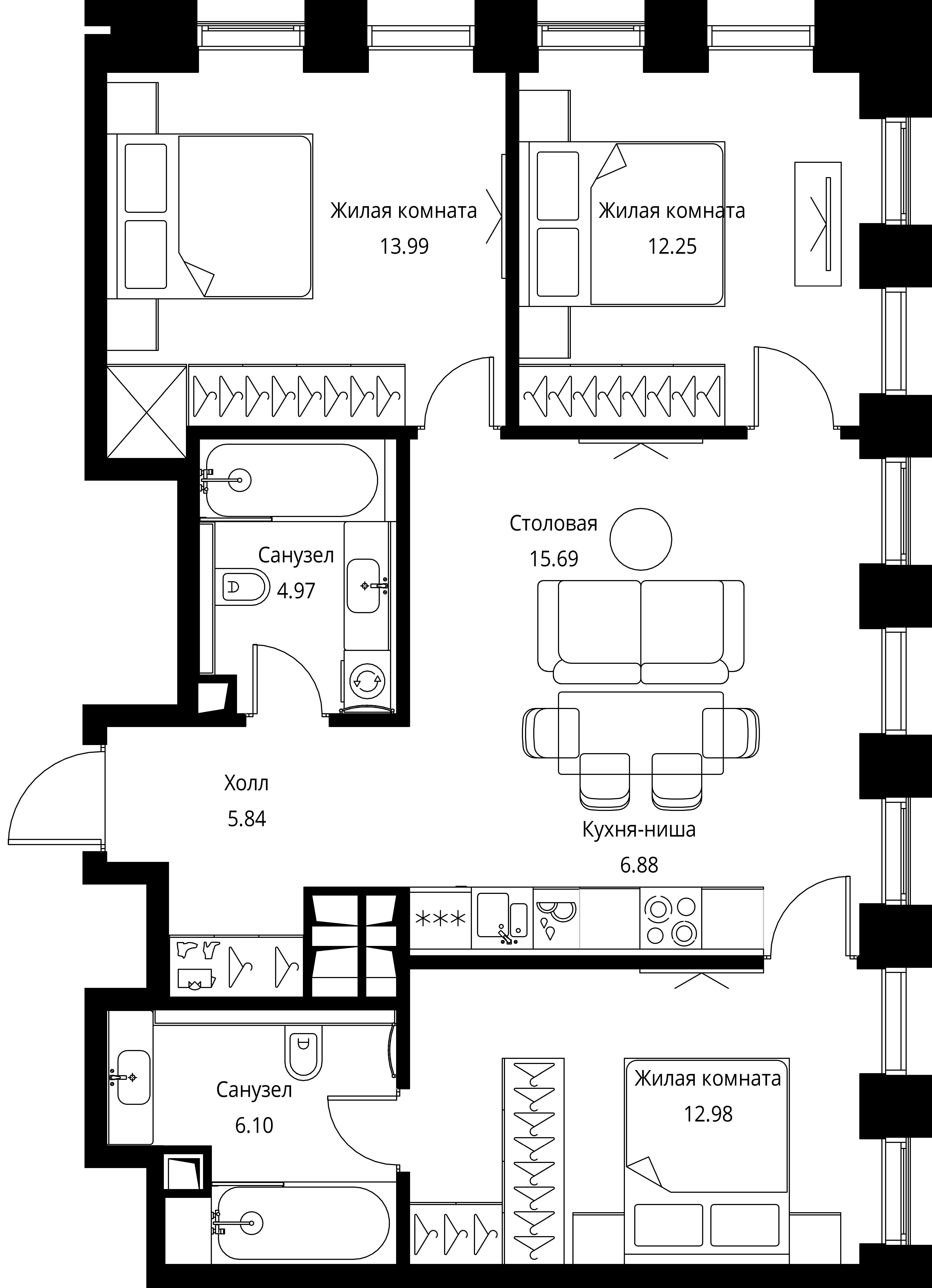 3 комн. квартира, 78.7 м², 19 этаж 