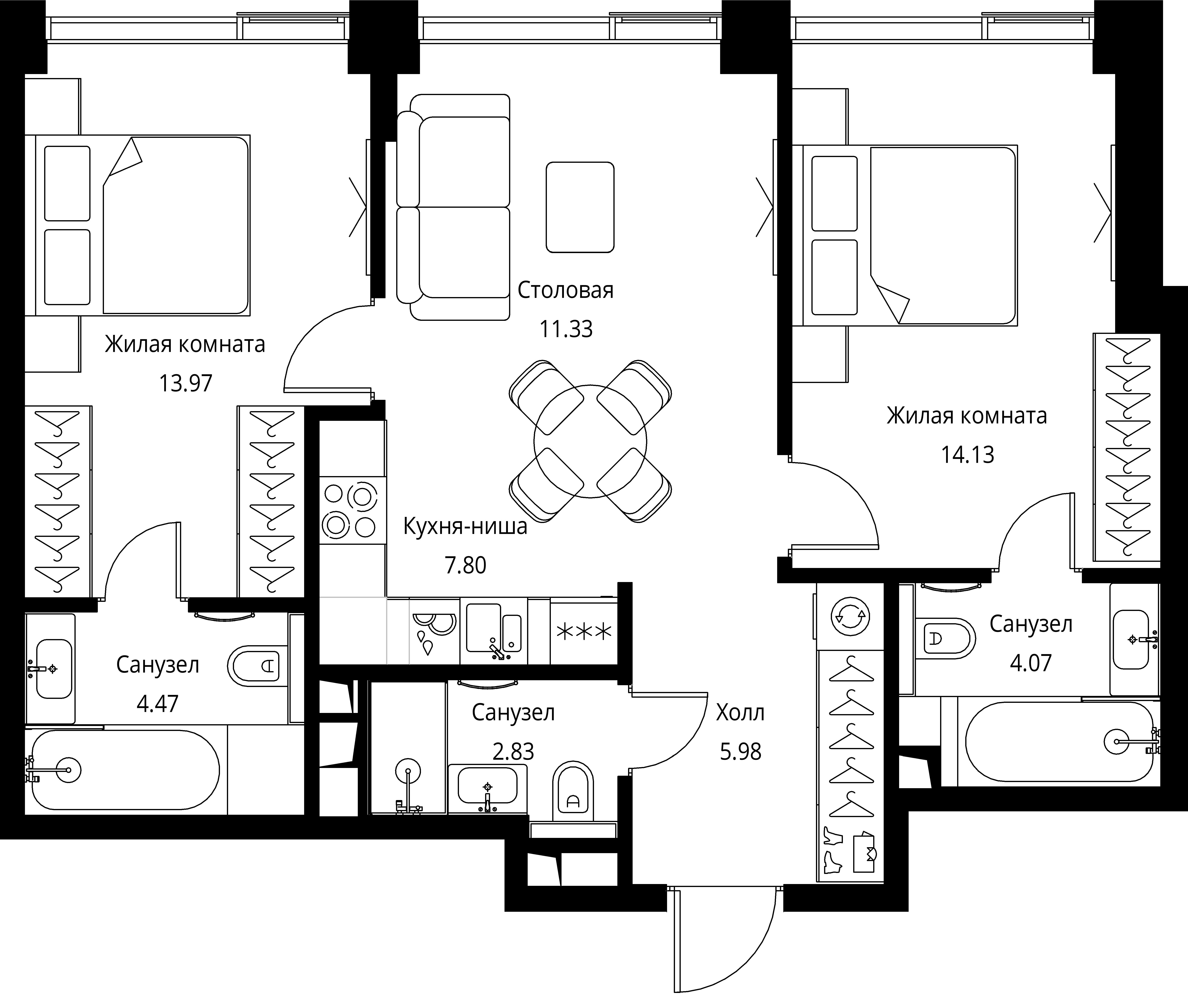 2 комн. квартира, 64.6 м², 3 этаж 