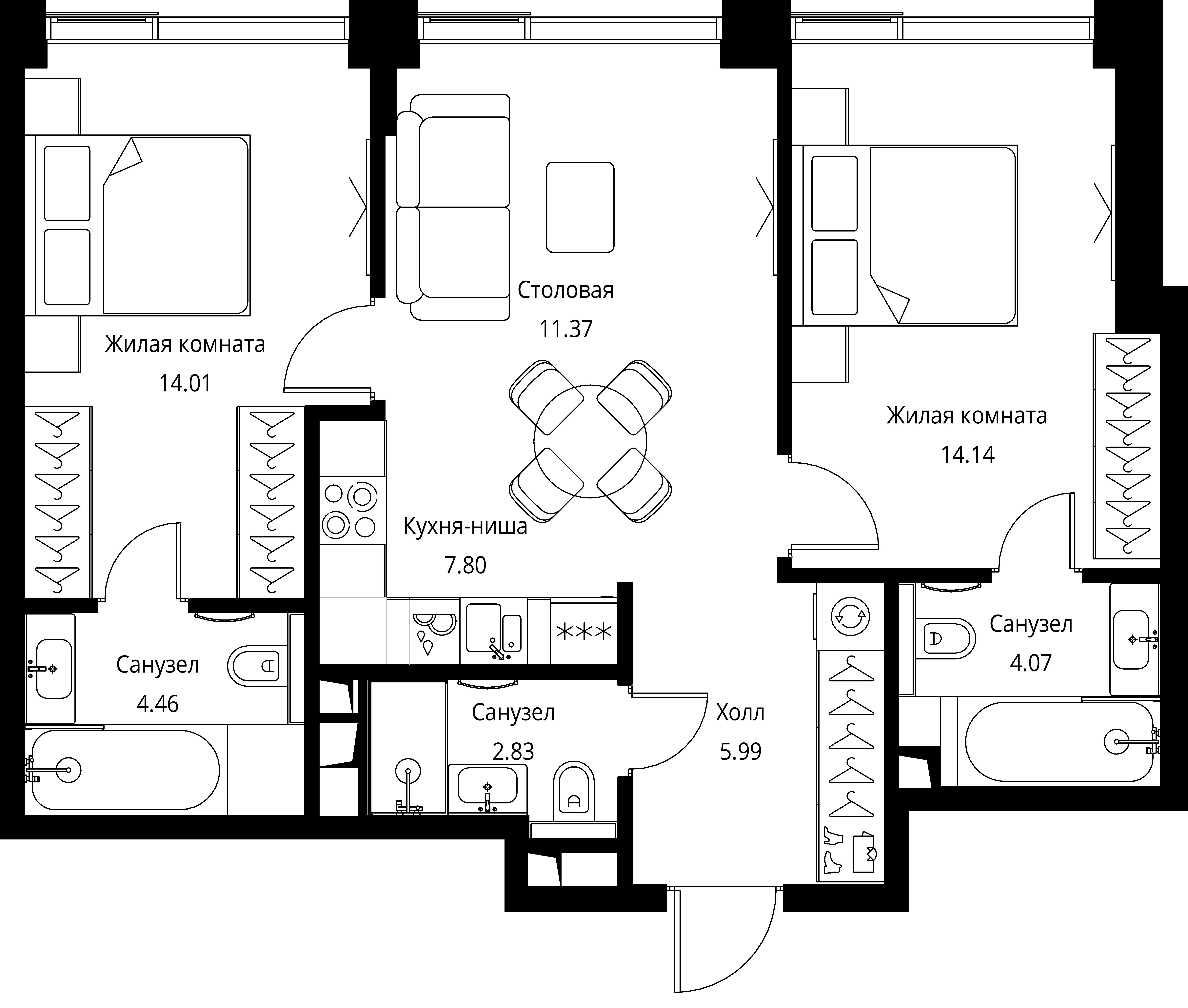 2 комн. квартира, 64.7 м², 4 этаж 