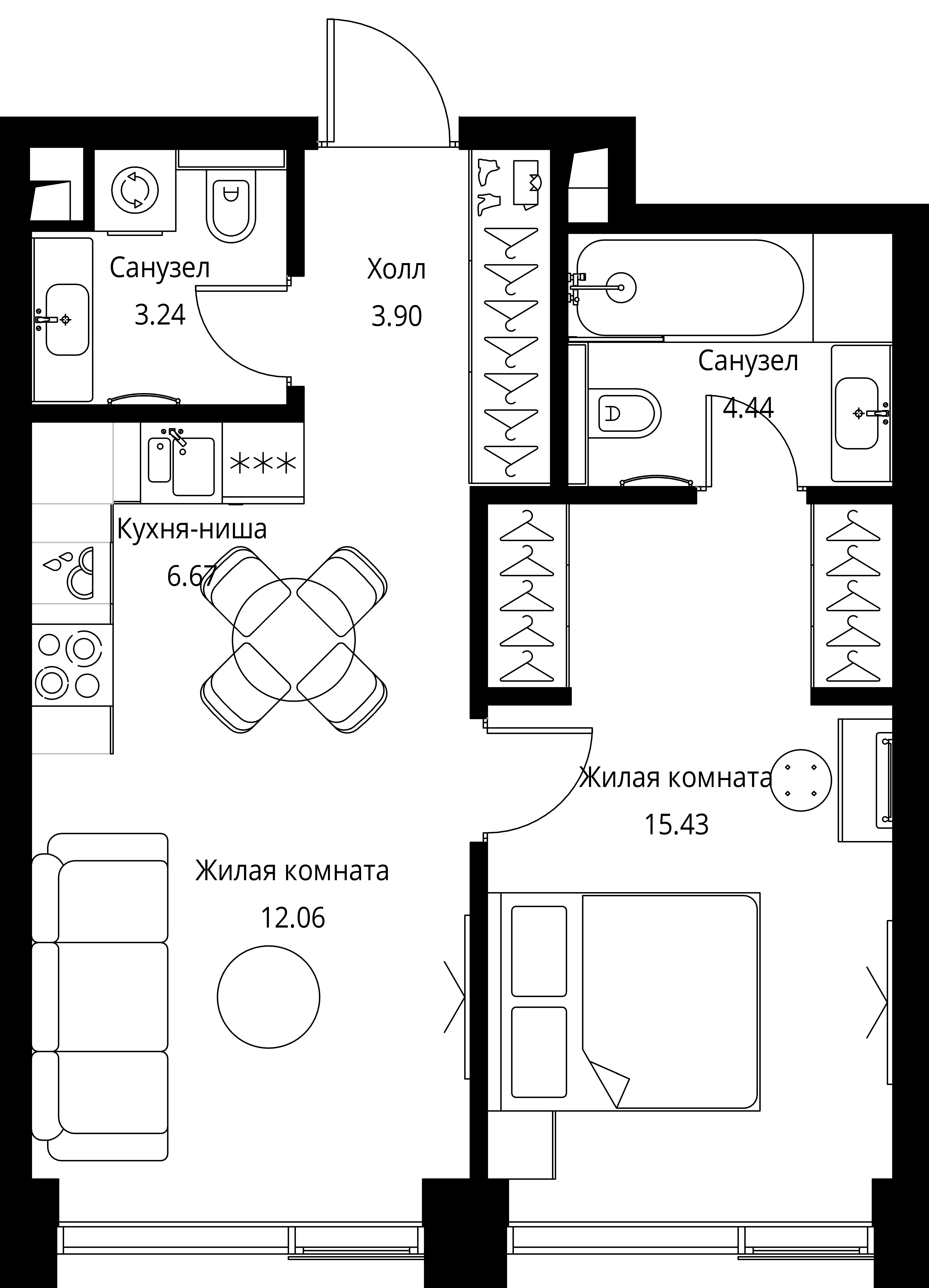 1 комн. квартира, 45.7 м², 2 этаж 