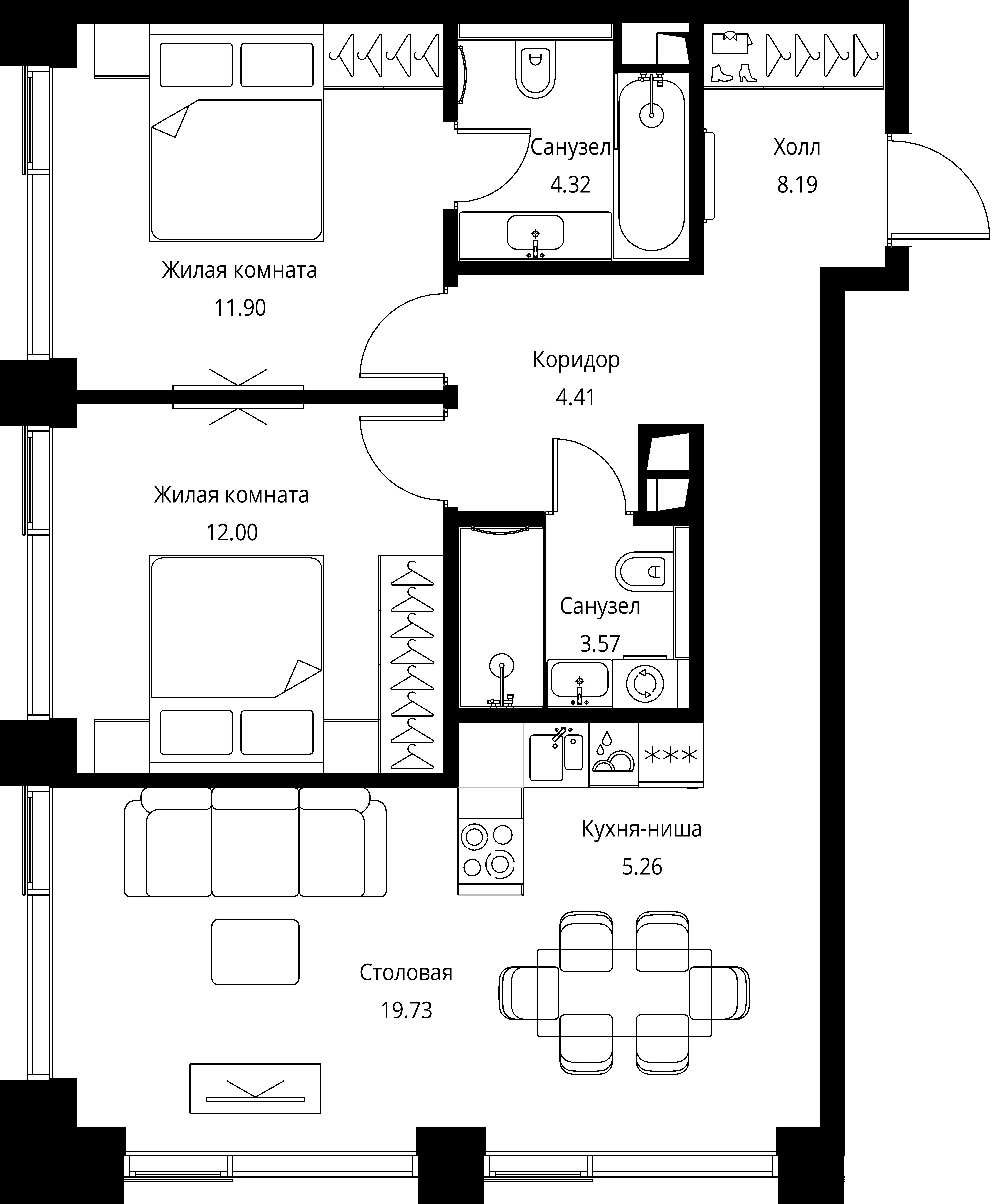 2 комн. квартира, 69.4 м², 9 этаж 