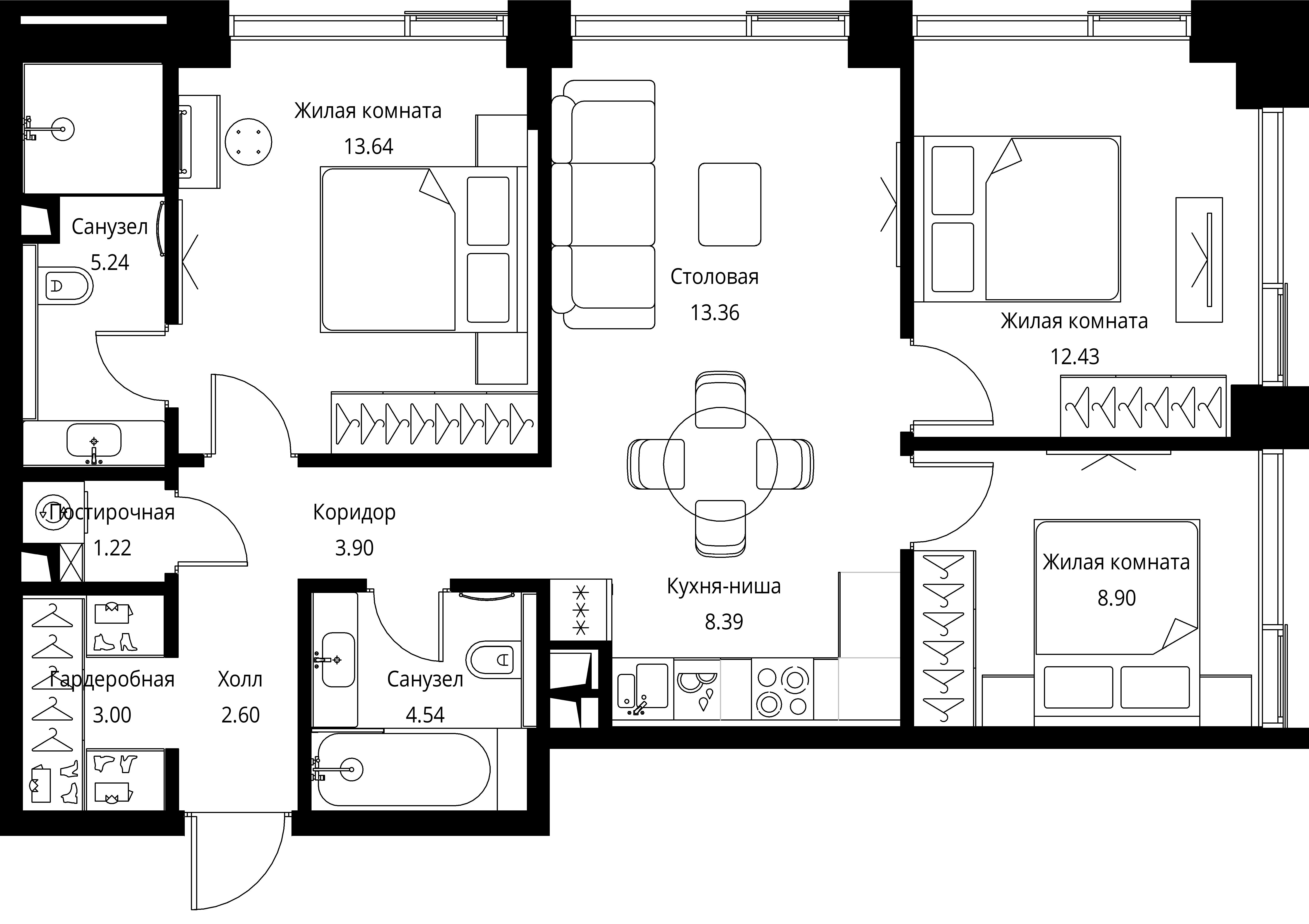 3 комн. квартира, 77.2 м², 3 этаж 