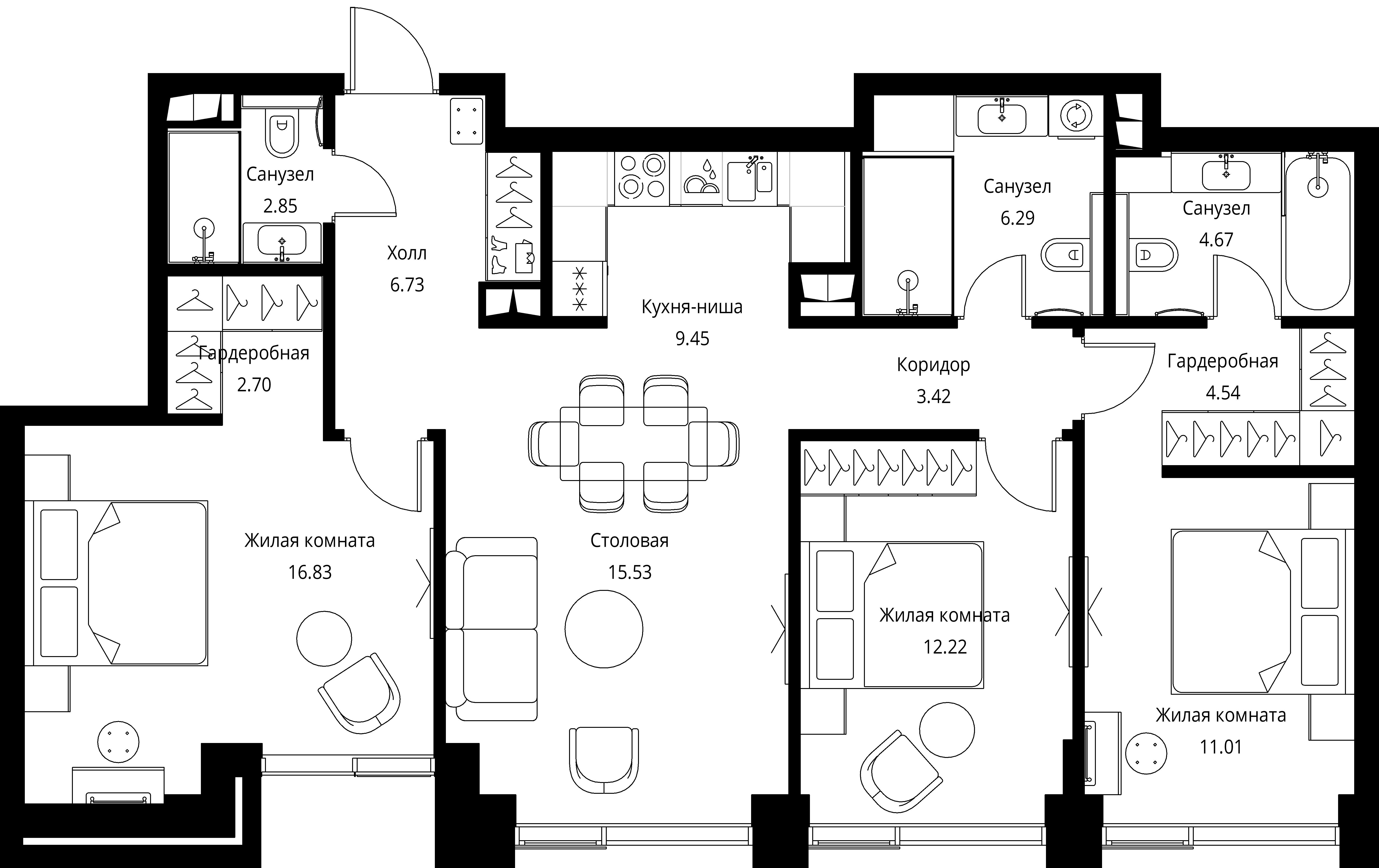 3 комн. квартира, 96.2 м², 2 этаж 