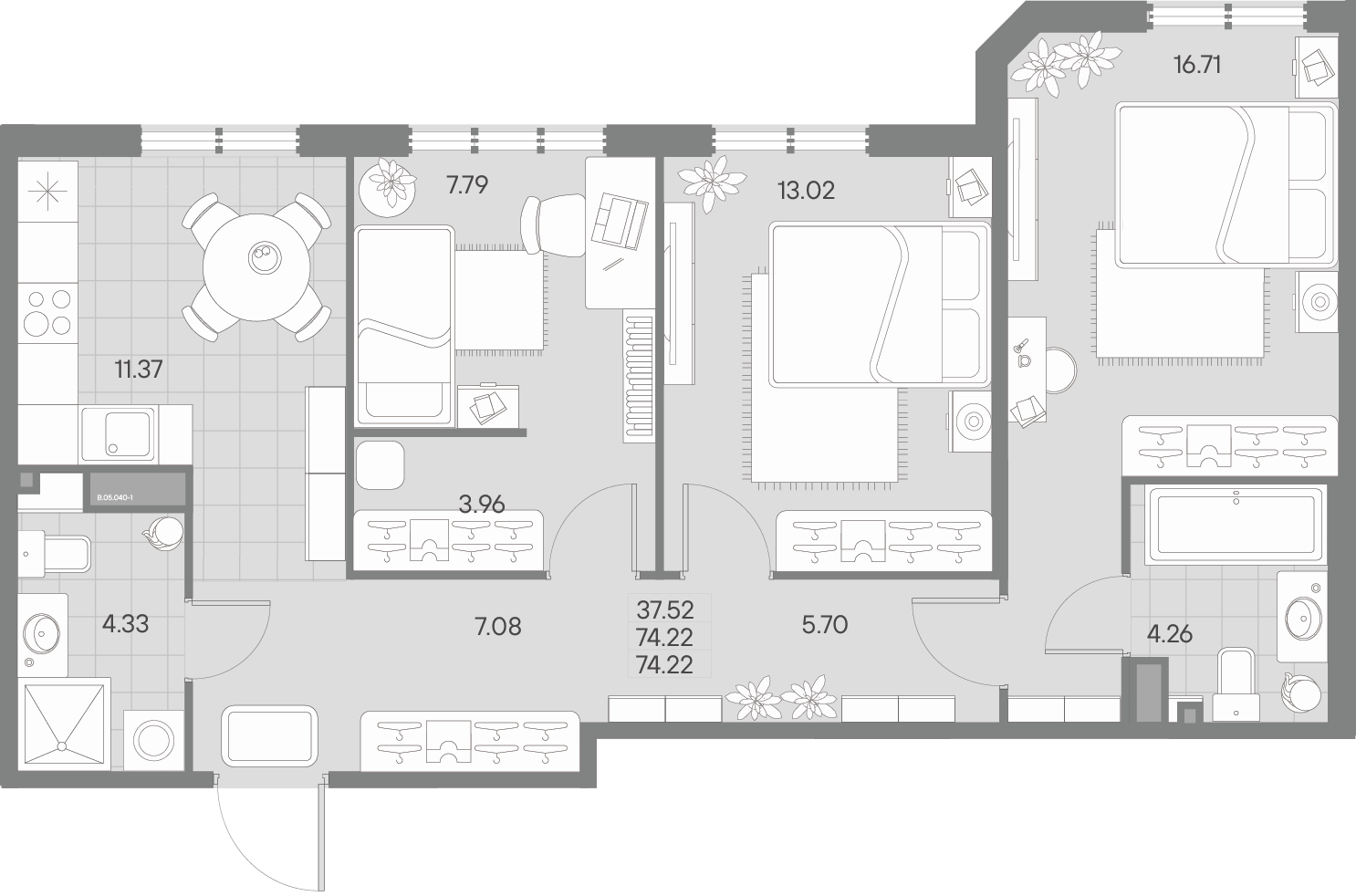 3 комн. квартира, 72.7 м², 5 этаж 