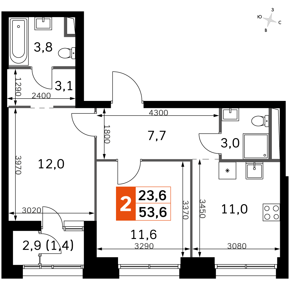 2 комн. квартира, 53.7 м², 43 этаж 